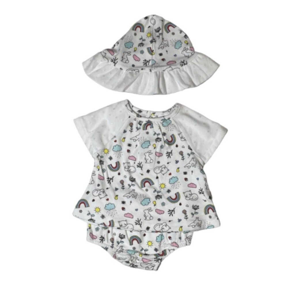 Starting Out 3PC Rainbow Doodle Set, Shirt, Bloomers, & Hat, Mesh Accents, NWT!